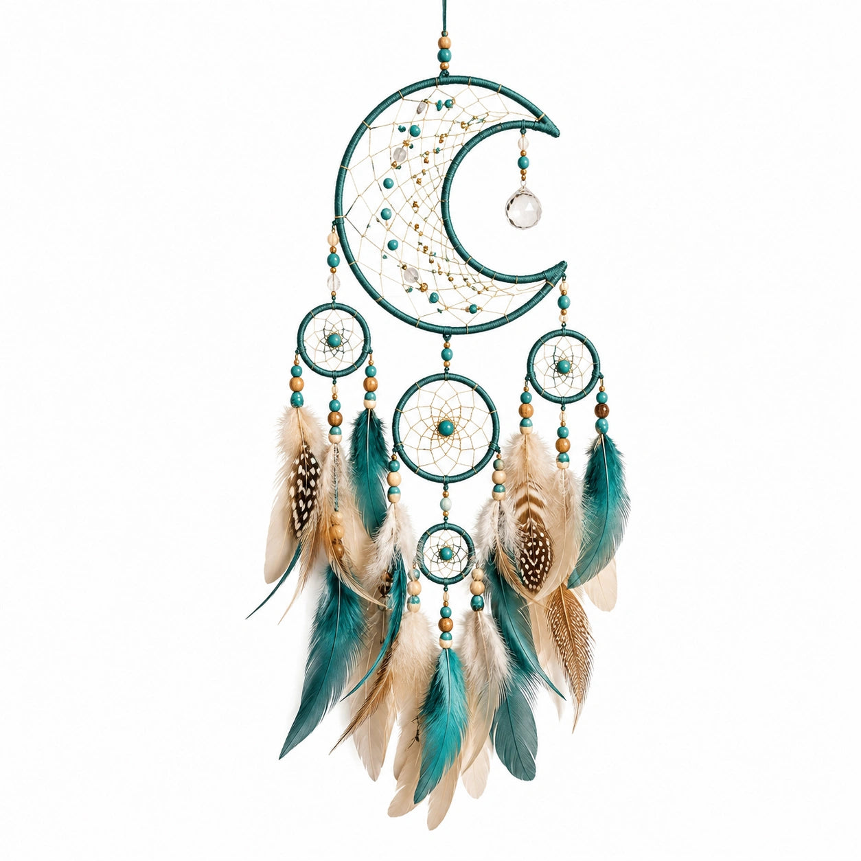 Attrape-rêves lune 30 x 72 cm en fil et plumes vert canard beige style bohème suspendu