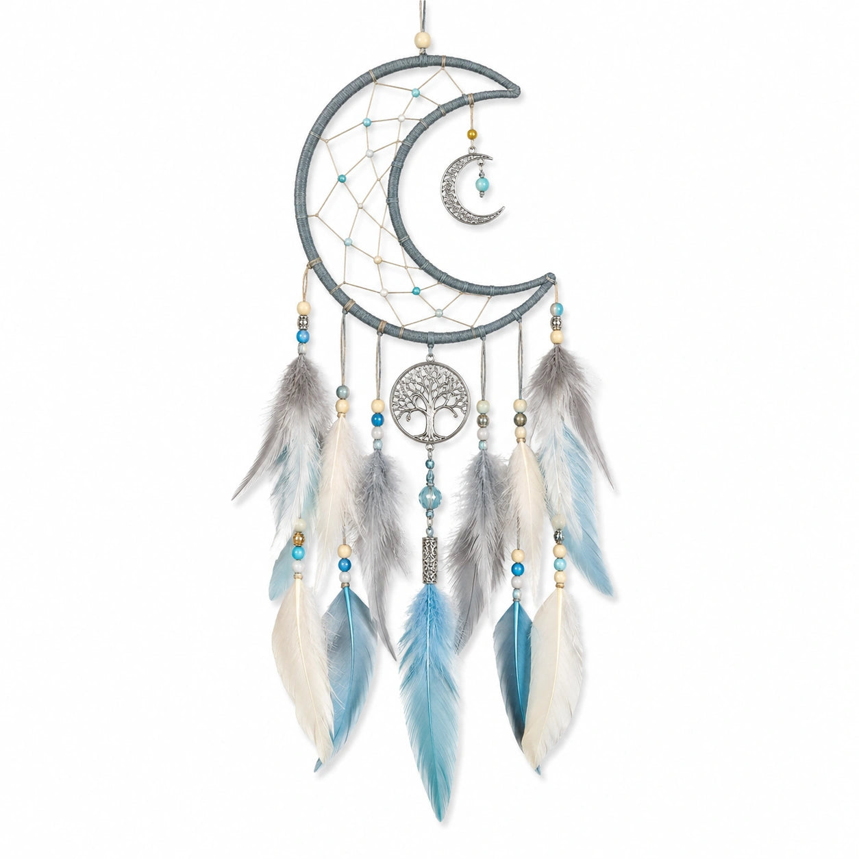 Attrape-rêves mural lune 25 x 65 cm en métal cordon et plumes bleu gris