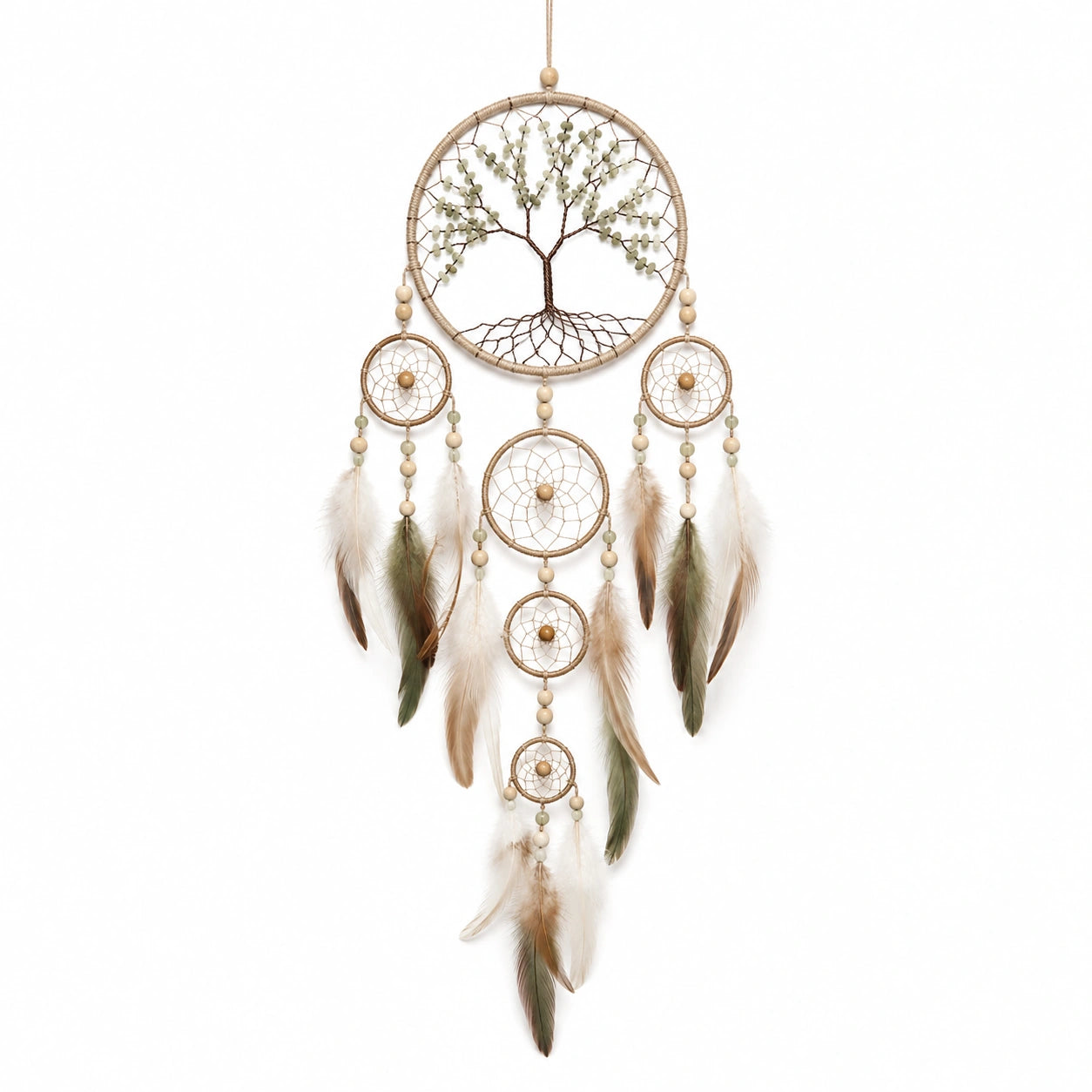 Attrape-rêves 40 x 95 cm en corde beige à plumes décor mural bohème