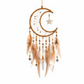 Attrape-rêves lune 40 x 90 cm en corde et plumes beige marron style bohème à suspendre