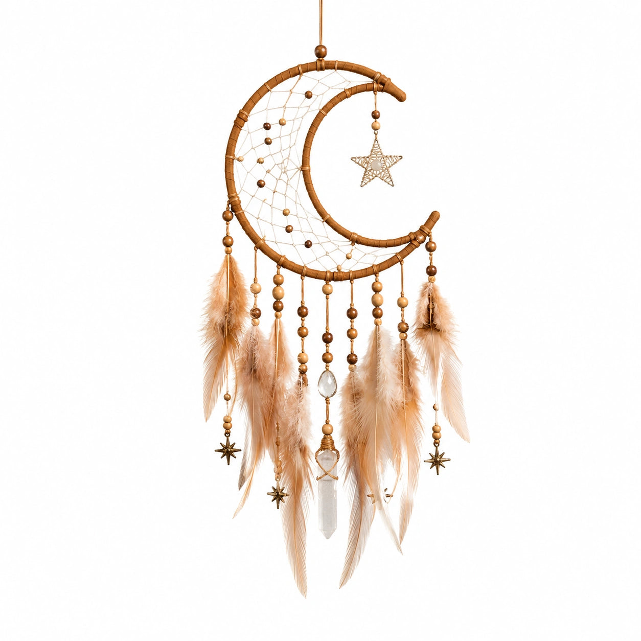 Attrape-rêves lune 40 x 90 cm en corde et plumes beige marron style bohème à suspendre