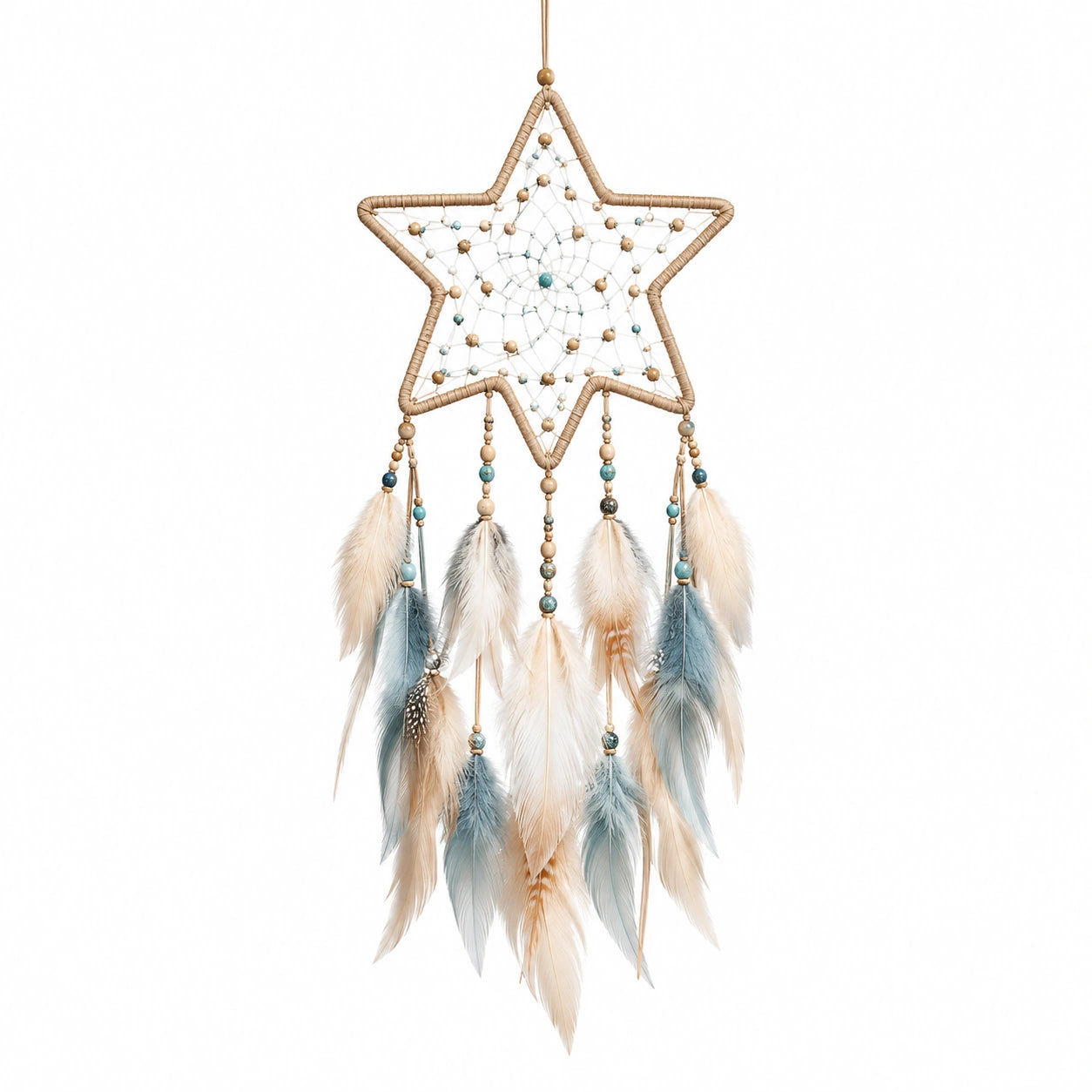 Attrape-rêves étoile 35 x 75 cm en fibres naturelles beige bleu décoration suspendue