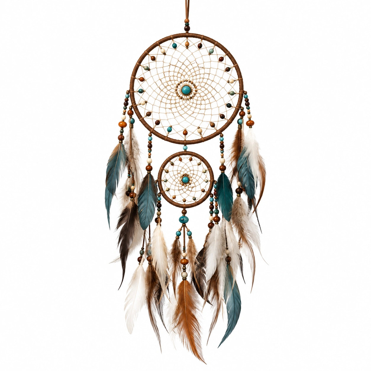 Attrape-rêves décoratif 40 x 100 cm en cordon tressé marron turquoise à plumes style bohème