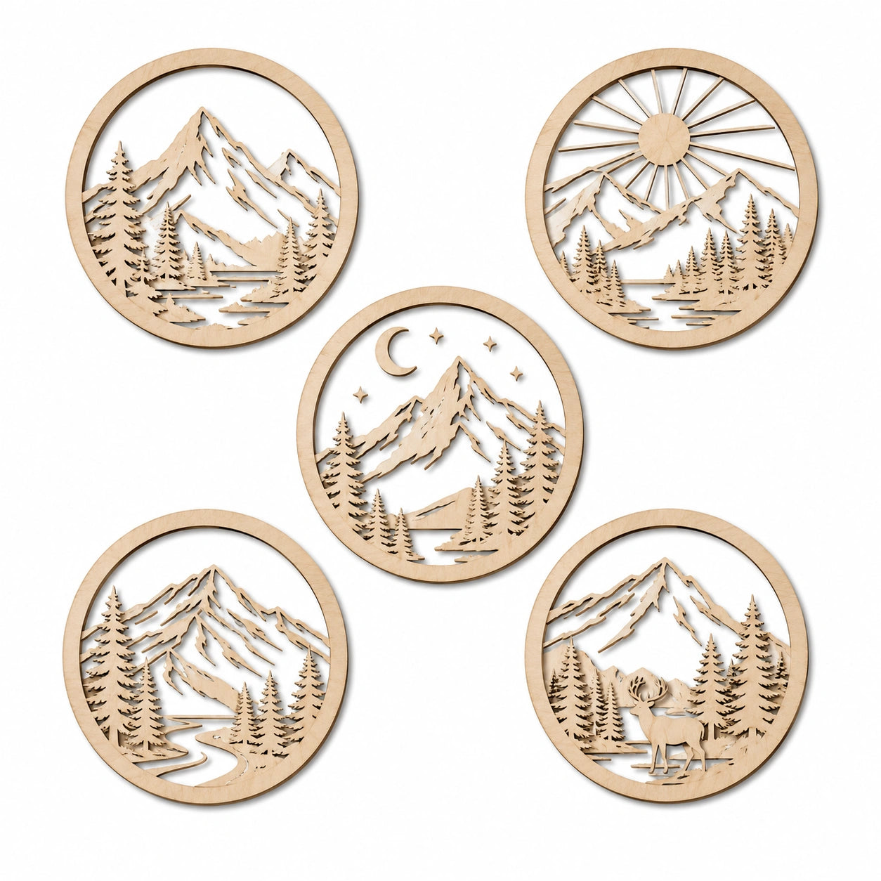 Lot de 5 décorations murales rondes 20 cm en bois naturel style montagne