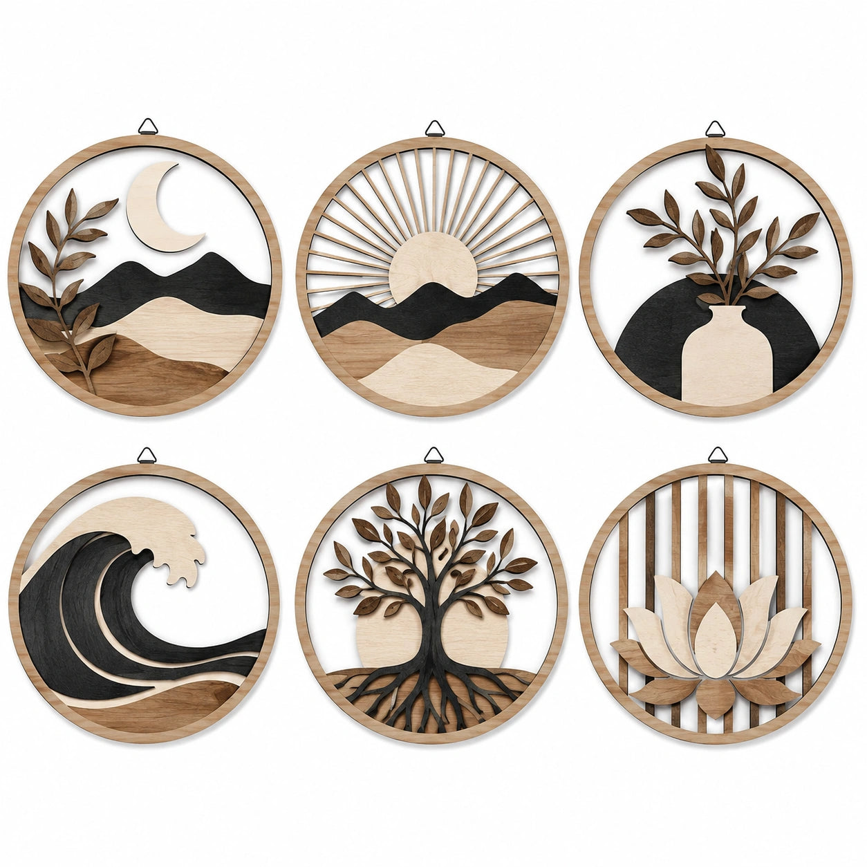 Lot de 6 décorations murales rondes diamètre 30 cm en bois naturel noir style nature