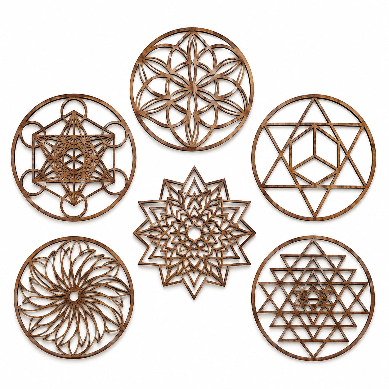 Lot de 6 décorations murales 30 cm en bois brun motifs géométriques style bohème