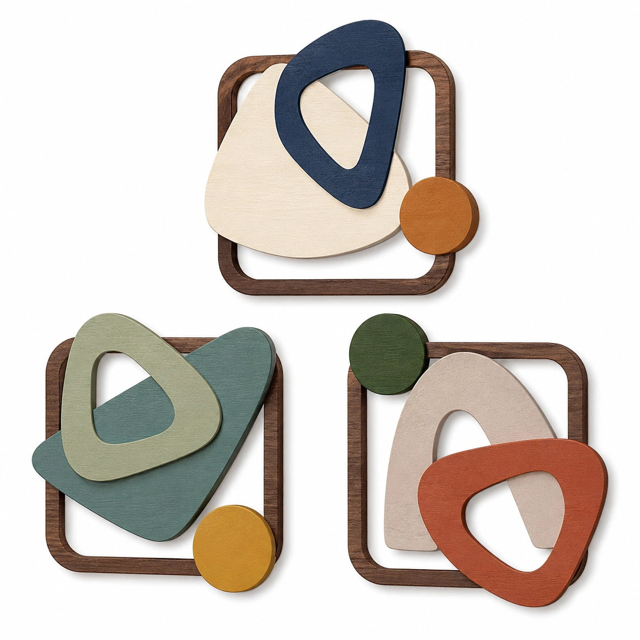 Lot de 3 décorations murales 30 x 30 cm en bois multicolore style abstrait géométrique
