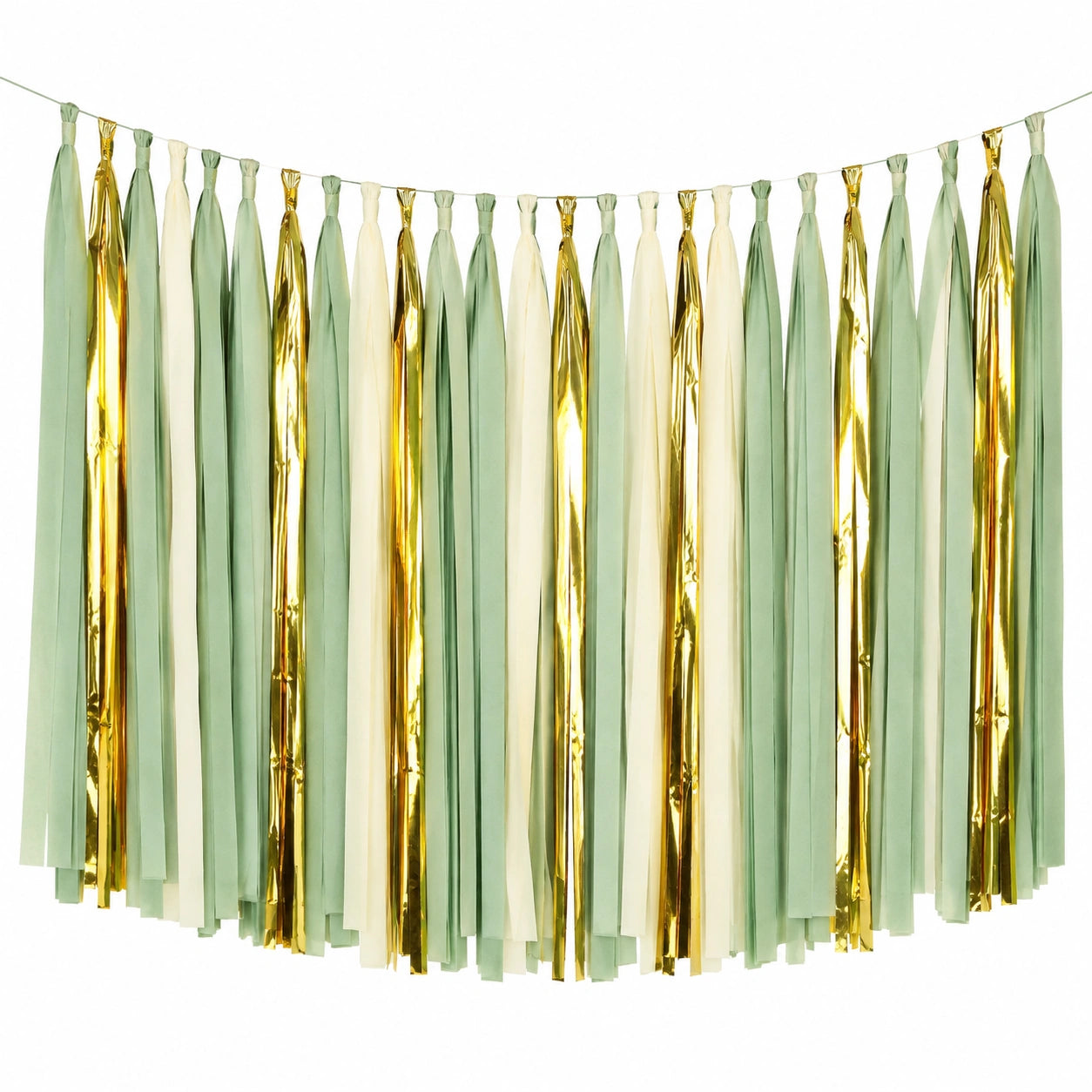 Guirlande à franges 200 x 120 cm en papier vert sauge ivoire doré pour décoration de fête