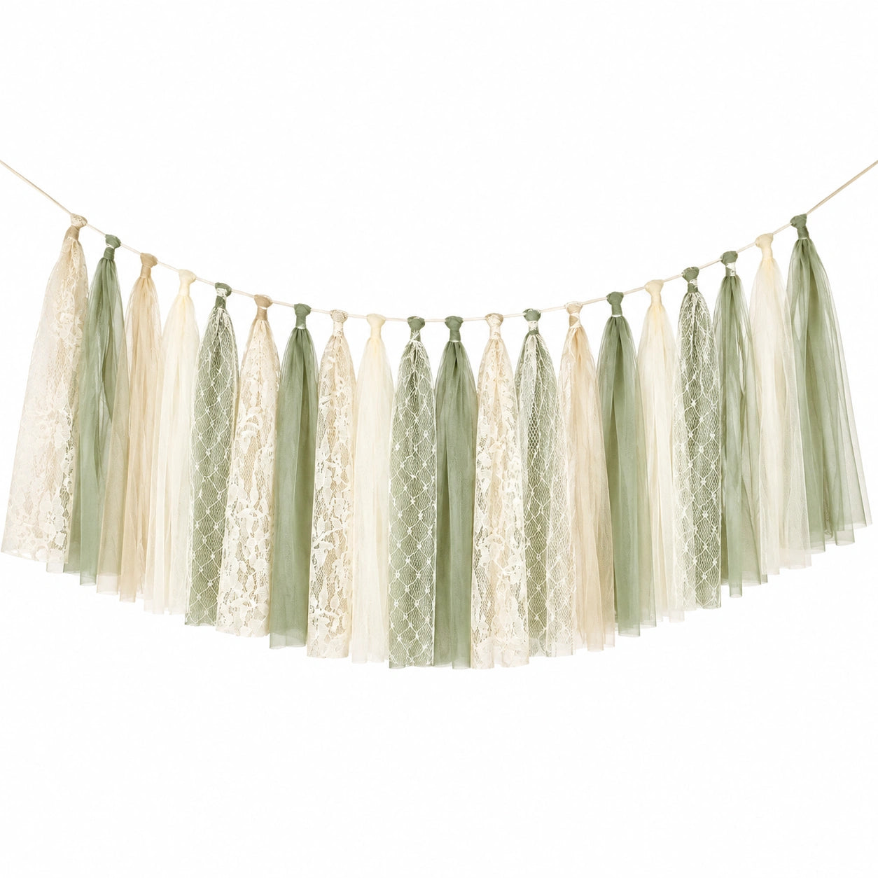 Guirlande décorative à franges 150 x 45 cm en tulle et dentelle vert sauge crème