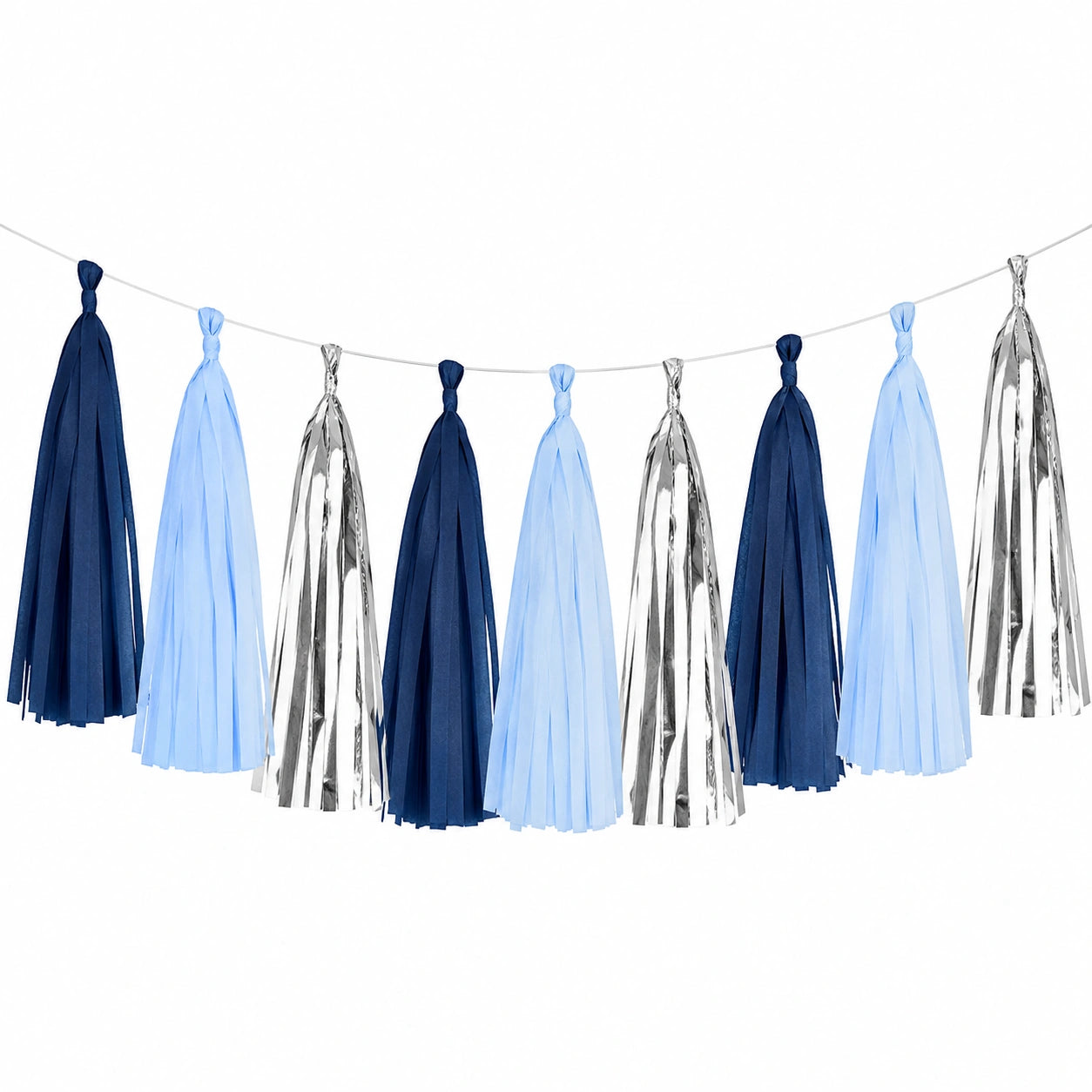 Guirlande à pompons 180 cm en papier bleu marine bleu clair argenté - décoration suspendue festive