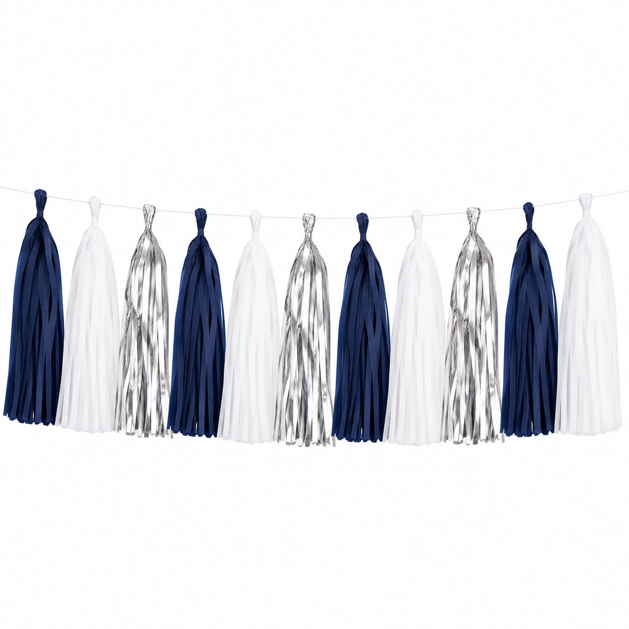 Guirlande à pompons 150 x 30 cm en papier bleu marine blanc argenté décoration de fête