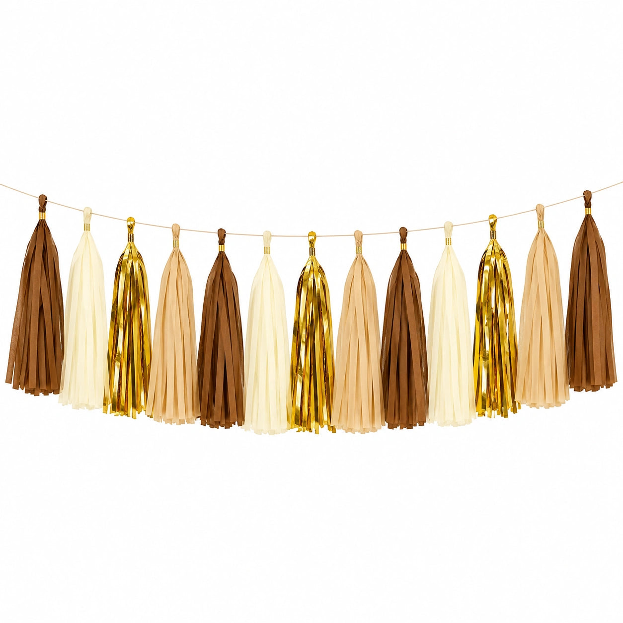 Guirlande décorative à pompons 300 x 35 cm papier brun beige ivoire doré style festif