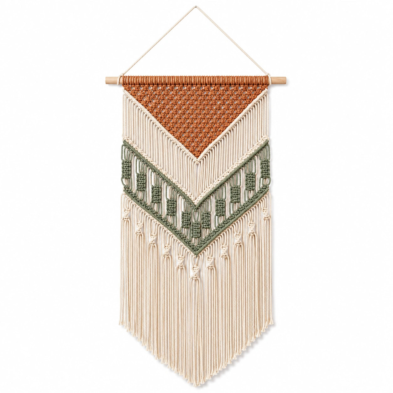 Tenture murale 50 x 90 cm en coton écru terracotta et vert style bohème à franges