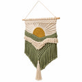 Décoration murale tissée 35 x 70 cm en corde textile vert écru moutarde style bohème à franges