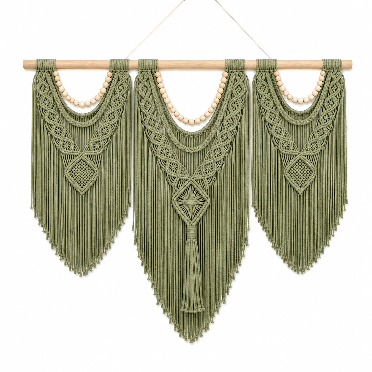 Tenture murale macramé 80 x 100 cm en coton vert sauge avec franges style bohème