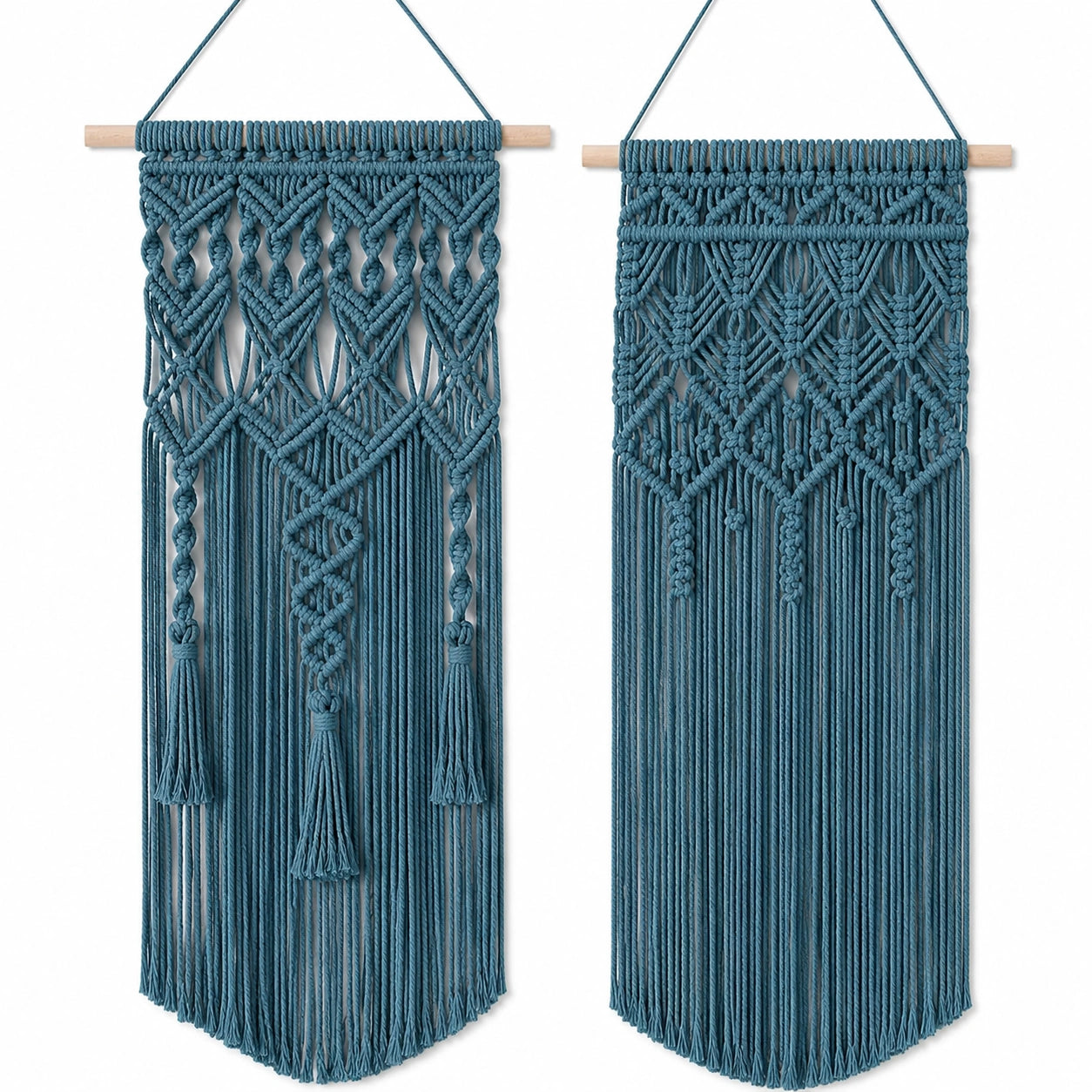 Décoration murale macramé 50 x 100 cm en corde de coton bleu style bohème