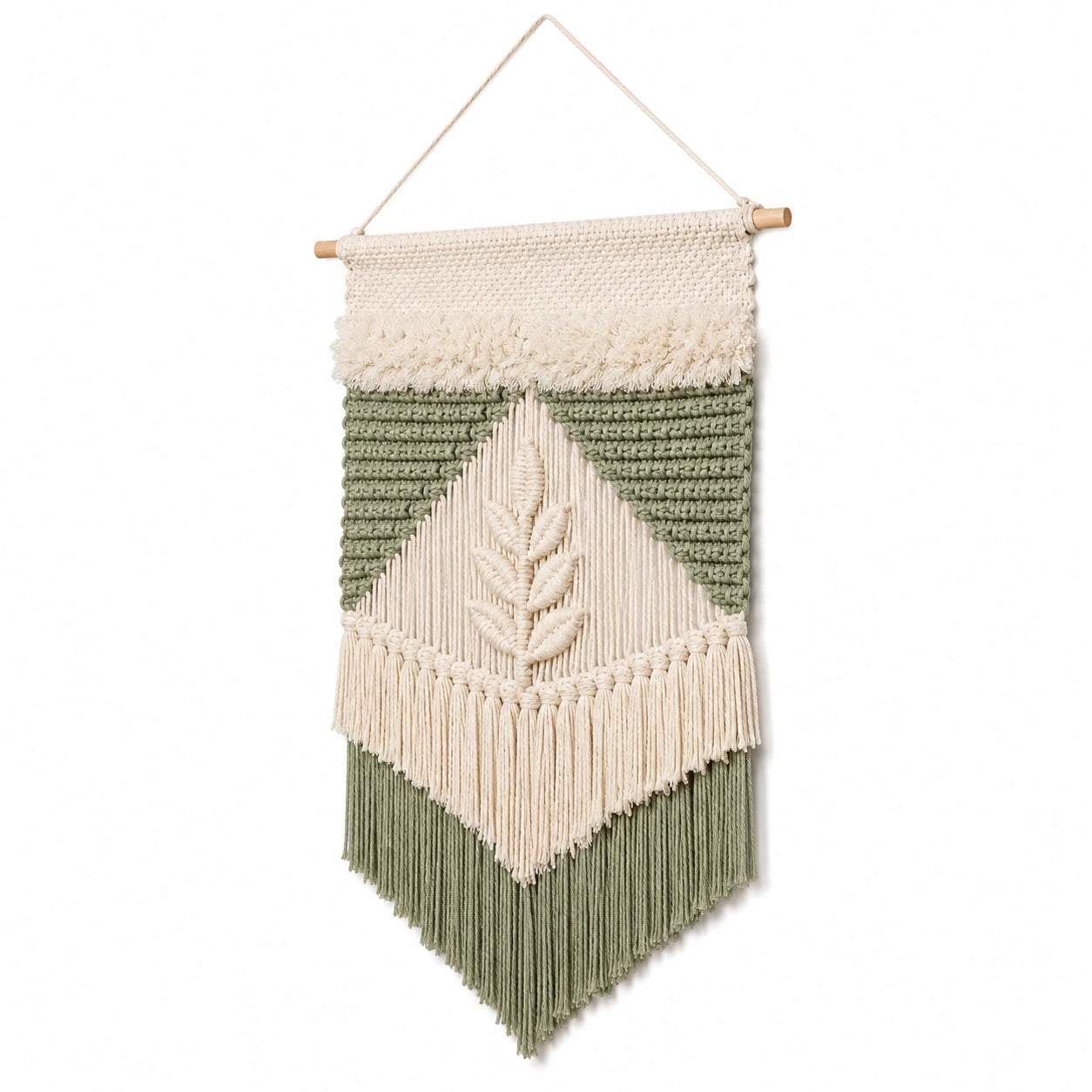 Tenture murale 40 x 75 cm en coton vert et écru style bohème à franges