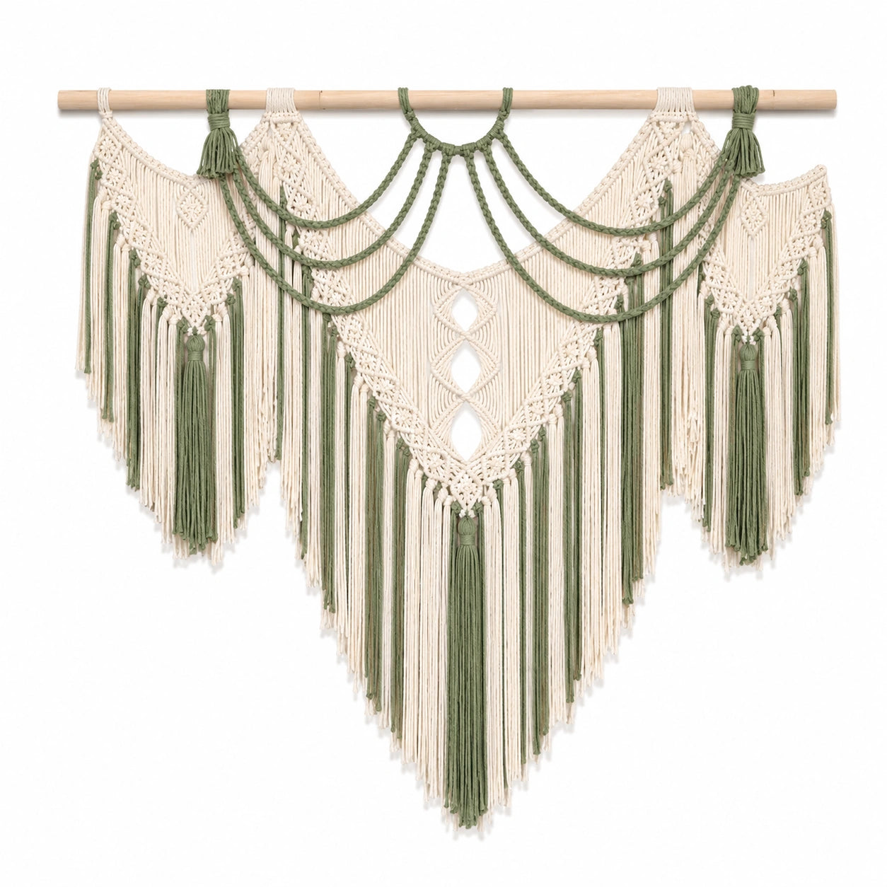 Tenture murale en macramé 120 x 100 cm coton écru et vert style bohème