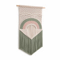 Tenture murale 40 x 80 cm en coton vert sauge rose poudré écru à franges style bohème