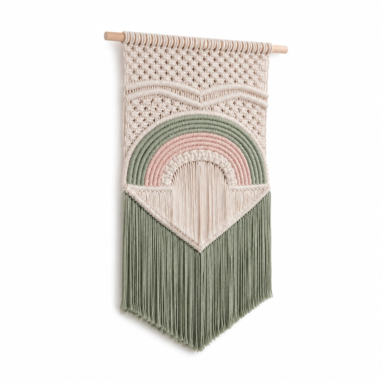 Tenture murale 40 x 80 cm en coton vert sauge rose poudré écru à franges style bohème