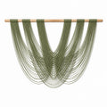 Tenture murale tissée 120 x 100 cm en cordon textile vert et bois - Décoration bohème suspendue