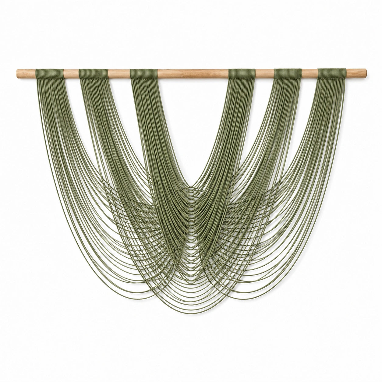 Tenture murale tissée 120 x 100 cm en cordon textile vert et bois - Décoration bohème suspendue