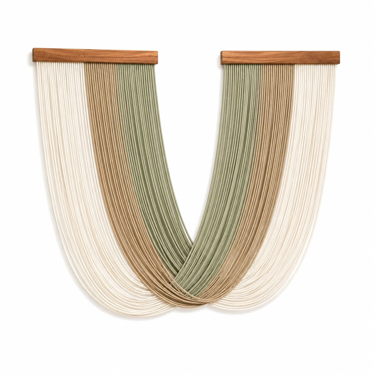 Tenture murale 70 x 100 cm en cordons de coton écru beige vert avec barres en bois style bohème