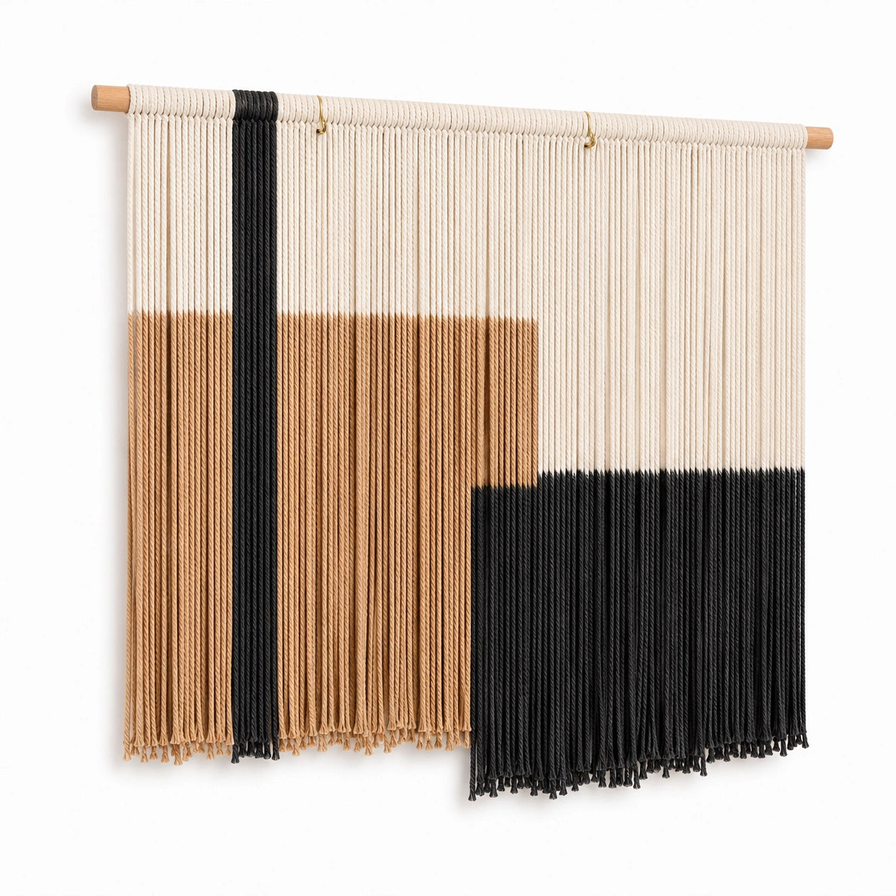 Tenture murale 100 x 95 cm en corde de coton beige marron noir style bohème