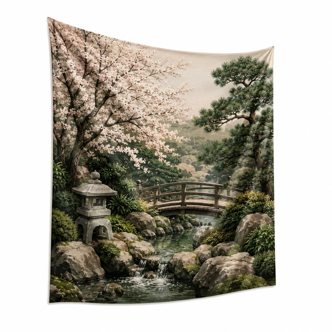 Tapisserie murale 150 x 130 cm en polyester beige vert rose décor jardin japonais