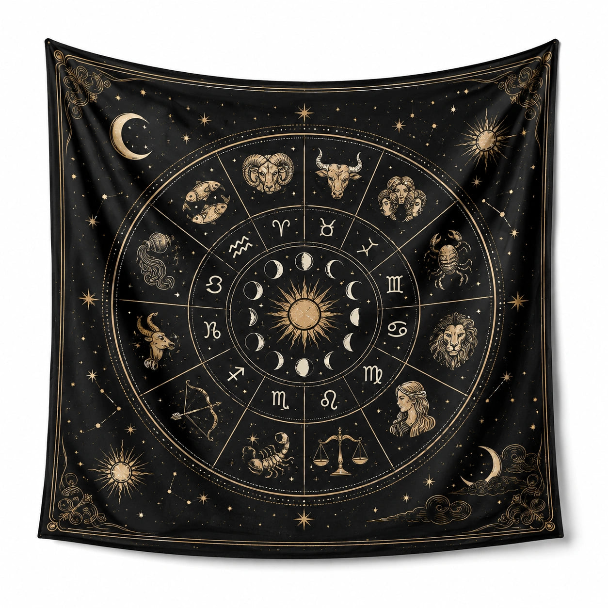 Tenture murale 150 x 150 cm en polyester noir et doré motif astrologique décoratif
