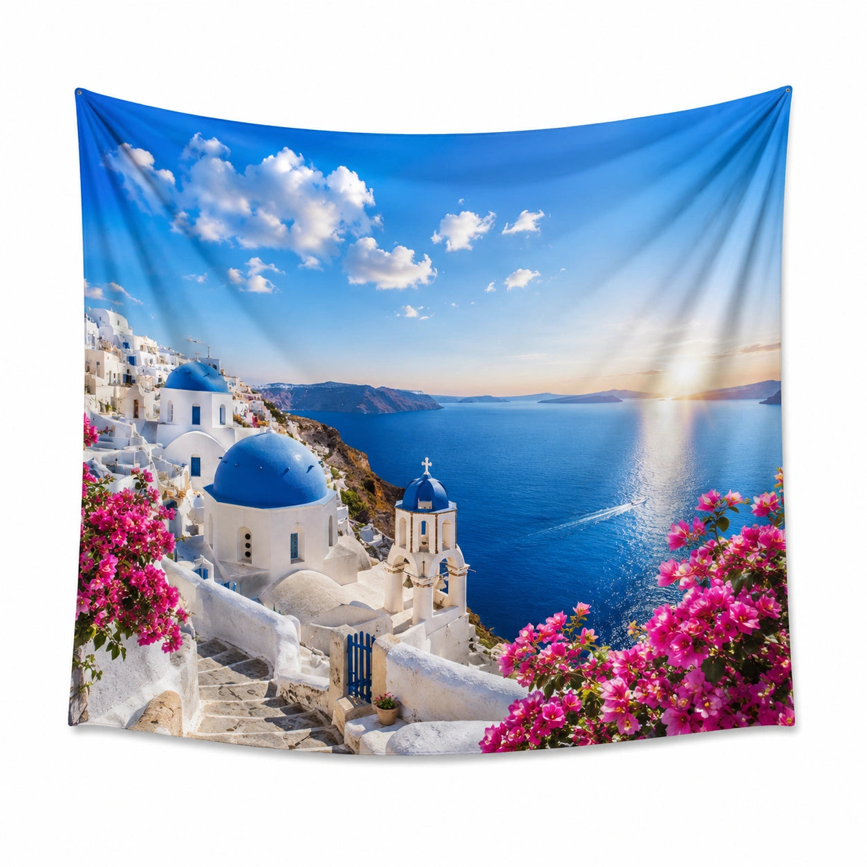 Tenture murale 150 x 130 cm en polyester bleu blanc rose paysage marin décorative