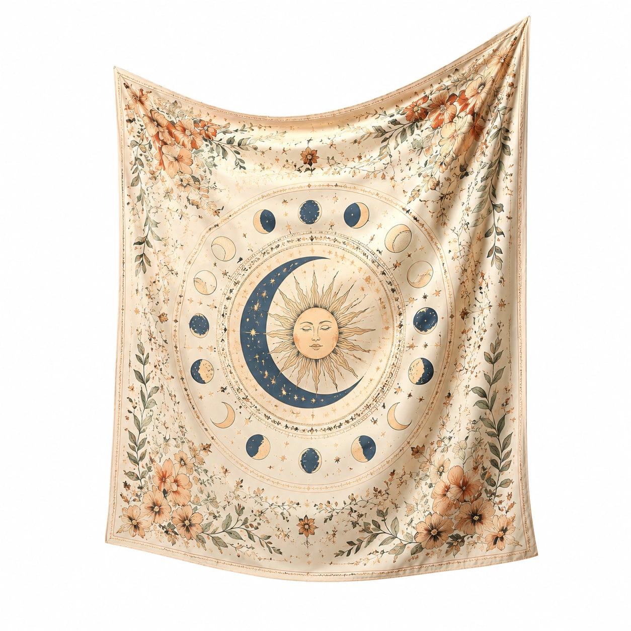 Tenture murale 150 cm x 150 cm en polyester beige motif soleil et lune style bohème